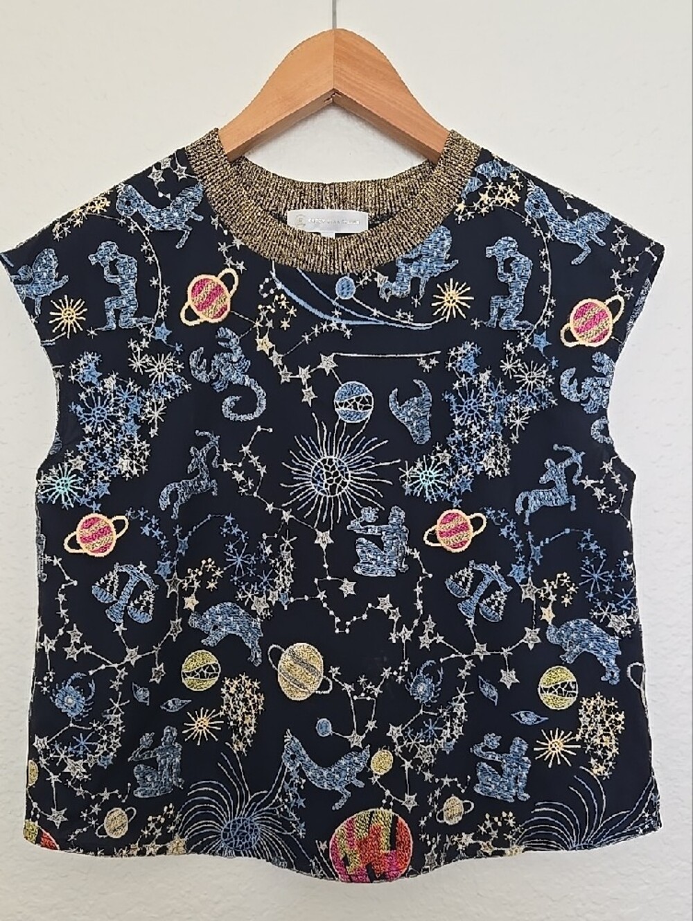 Antropologie Corey Lynn Calter Navy Celestial Print Cap-Sleeve Top  Gold Trim